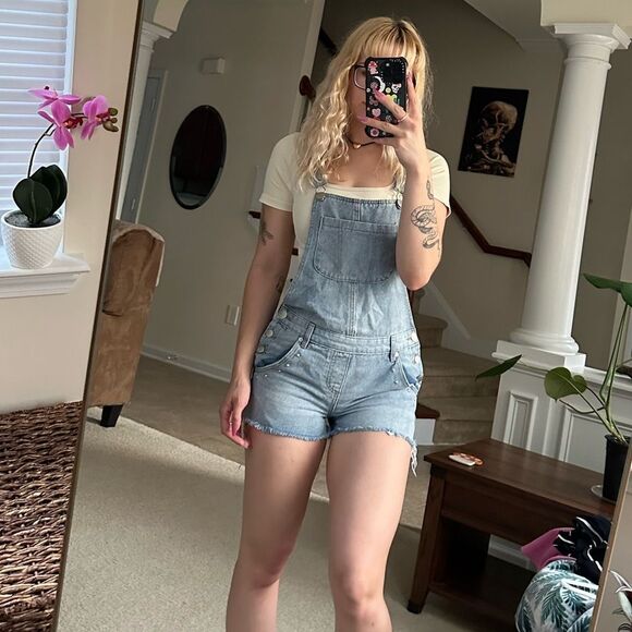 Cotton On light blue cut off denim shorts overalls and with studs - Picture 1 of 10